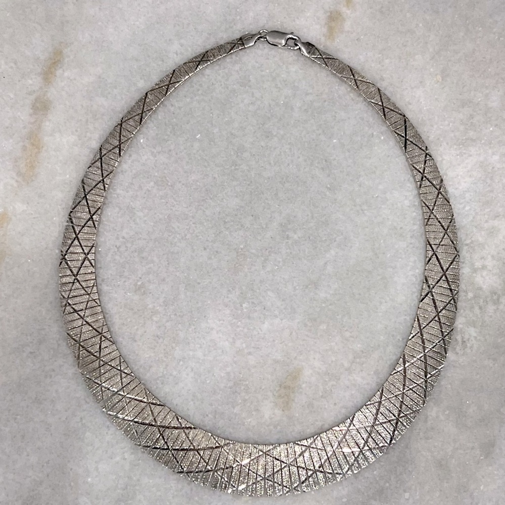 Sterling Silver Wide Etched Collar 16” Necklace - Picture 2 of 10